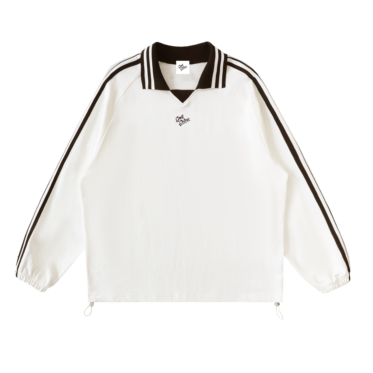 Clubhouse Sweatshirt — men's white golf sweatshirt with striped lapel collar, Golf Chimp