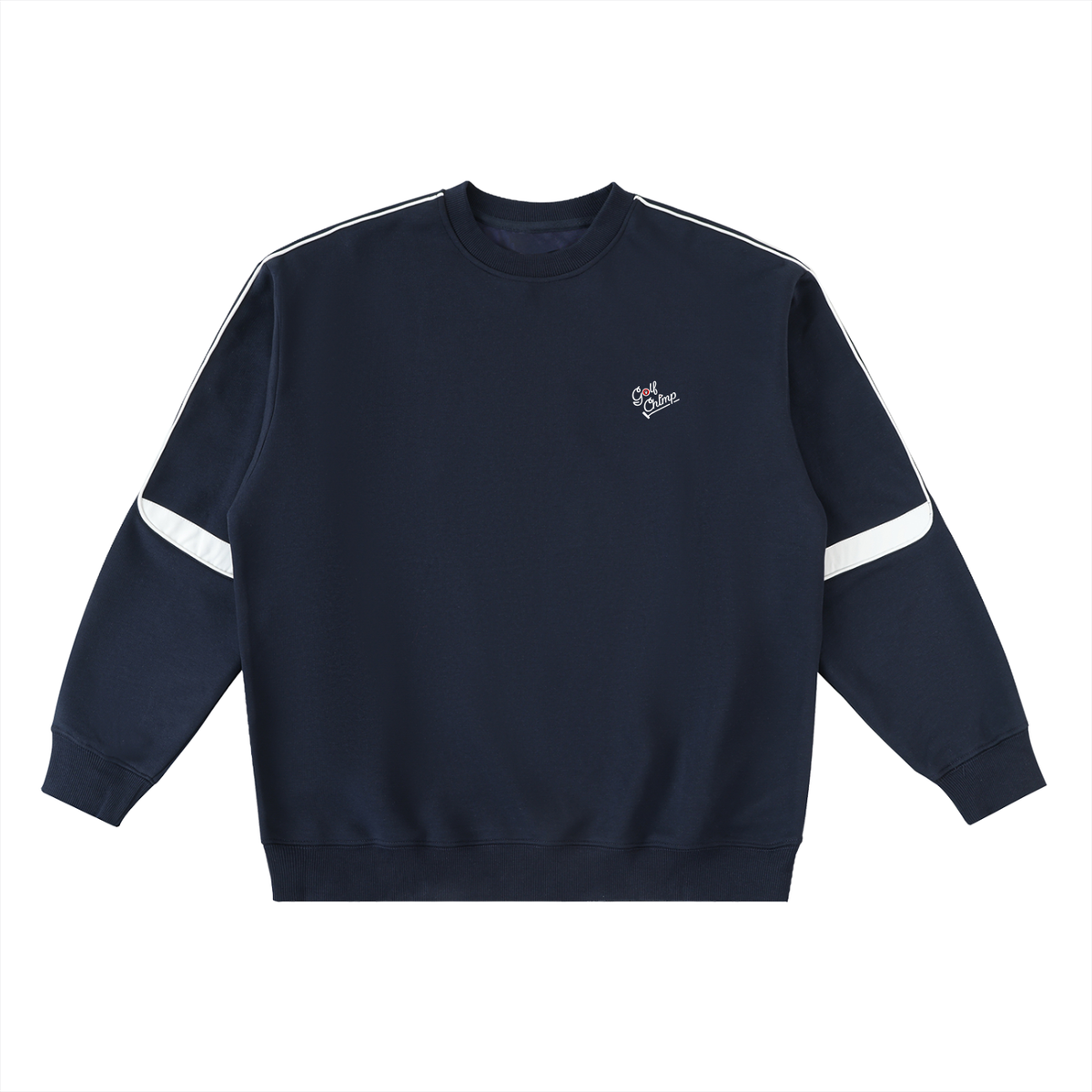 Fairway Sweatshirt — navy oversized golf crewneck with contrast sleeve taping, Golf Chimp